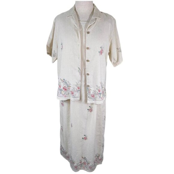 Keren Hart 2 Pc Midi Dress Linen Blend Womens Medium Ivory Cream Embroidery - Picture 1 of 15